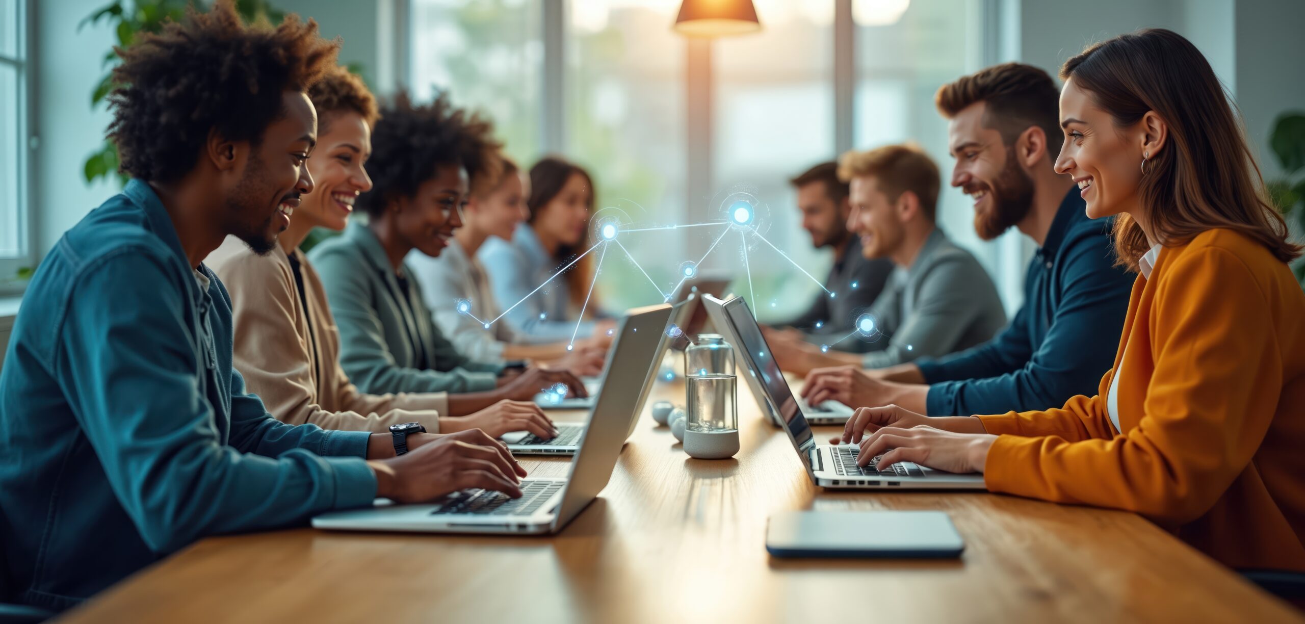 Diverse team meeting at start up office. Colleagues work on laptops, networking in cyberspace, discussing finance, corporate, business. AI digital technology global connection.