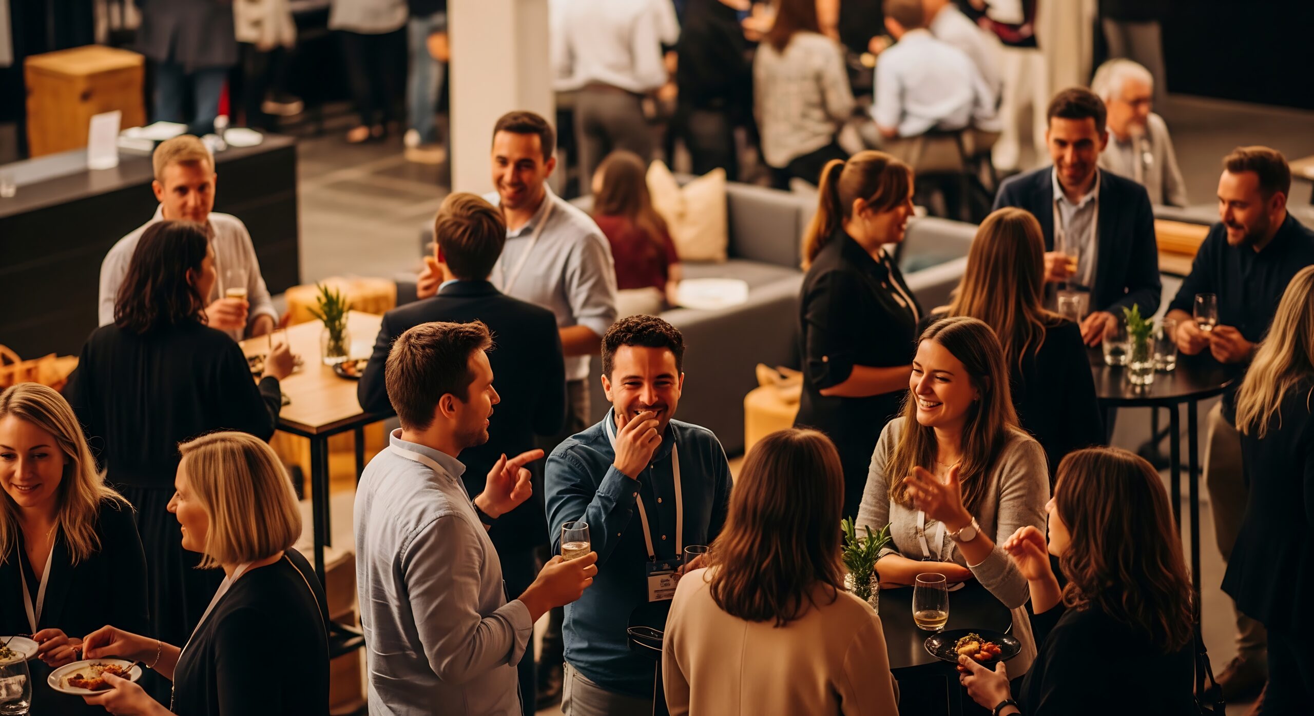 A high-angle shot of a lively networking event. Professionally dressed people converse and mingle in a spacious, dimly lit venue. Drinks and appetizers are present.