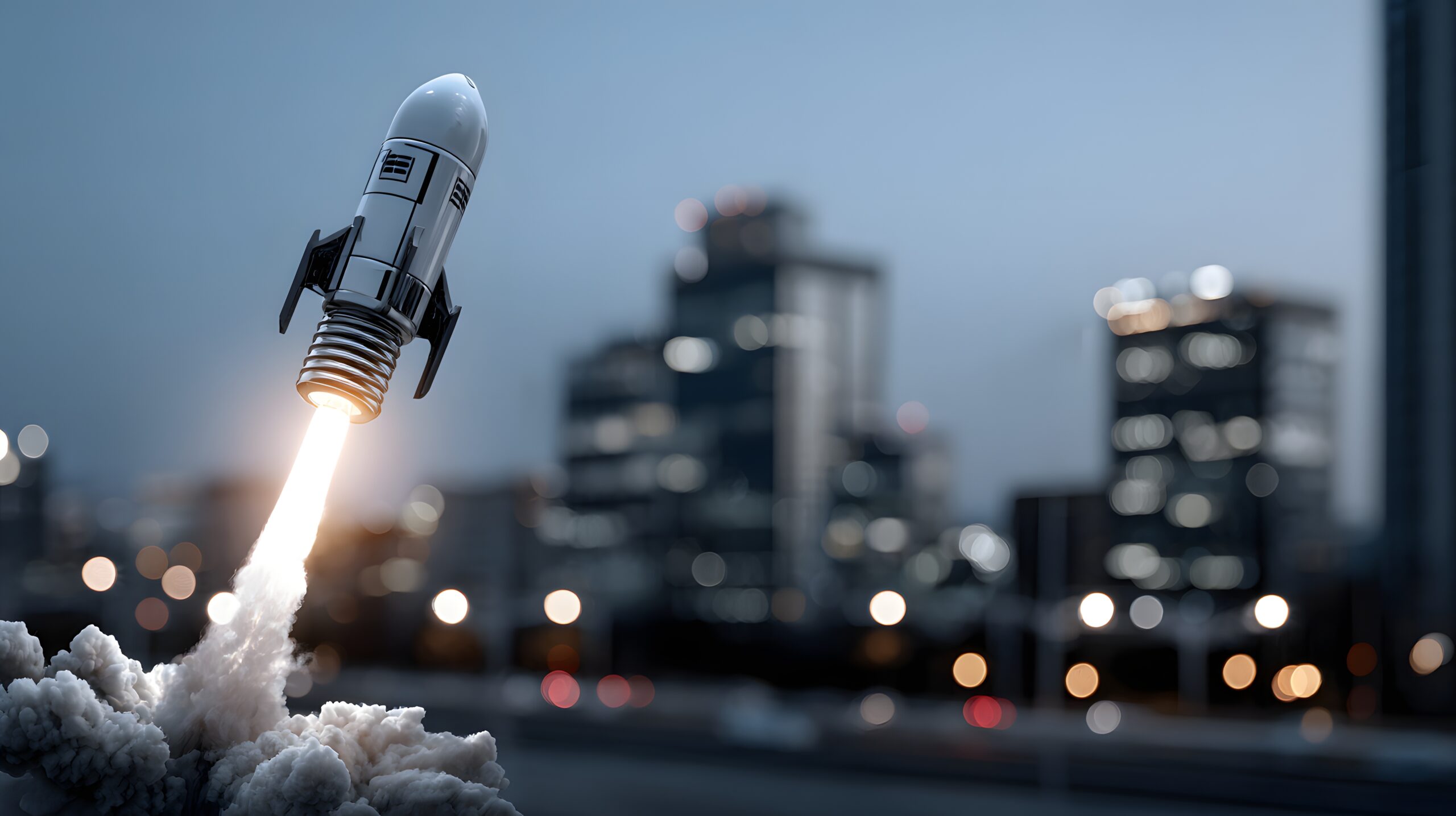 Rocket launching over city skyline at dusk